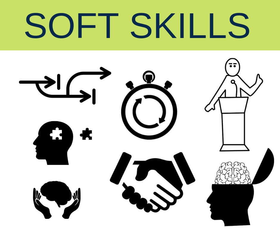 Square with a lime green block at the top containing the words "Soft Skills" and below this are 6 black and white illustrations of arrows pointing to stops and then re-routing, a stop watch, a man speaking at a podium, a silhouette of a man's head with a puzzle piece pulled out, another head with the top lifted off exposing the brain, and a set of hands holding a head, and a pair of hands shaking - all to convey soft skills